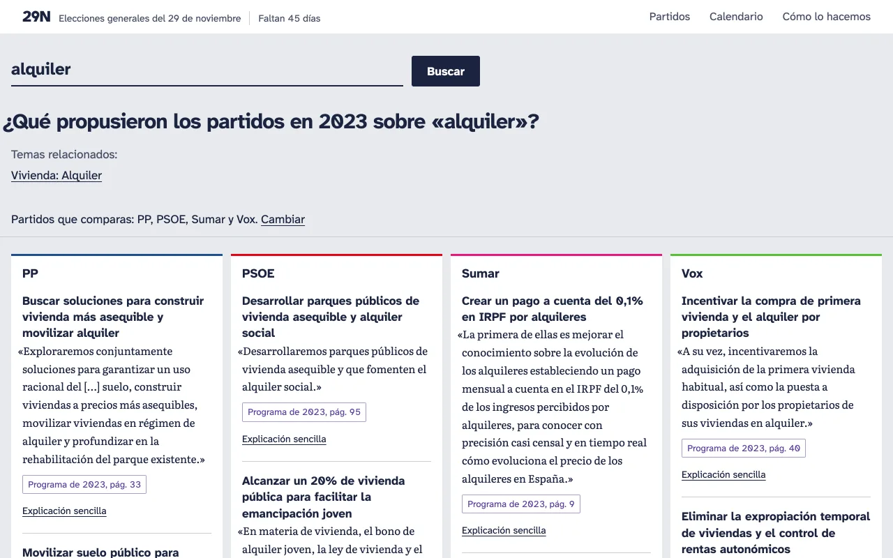 29N screenshot: A search for “alquiler”: each party's proposals with their quote and a link to the program's page