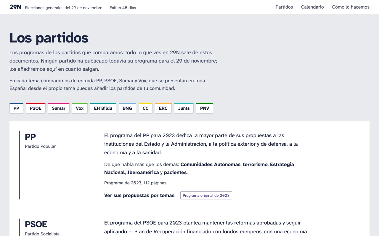 29N screenshot: Los partidos: the ten parties compared, each program summed up with the words that set it apart