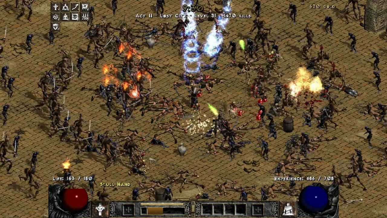 D2 Survivors screenshot: Act II, the Necromancer in the Lost City, his skeletons, Skeletal Mages and Bone Spear among hundreds of monsters
