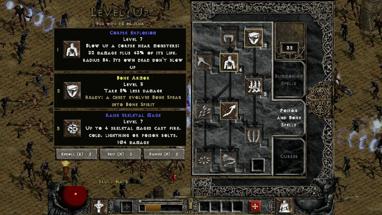 D2 Survivors screenshot: A level-up for the Necromancer: three skill cards, Corpse Explosion, Bone Armor and Raise Skeletal Mage, beside his skill tree