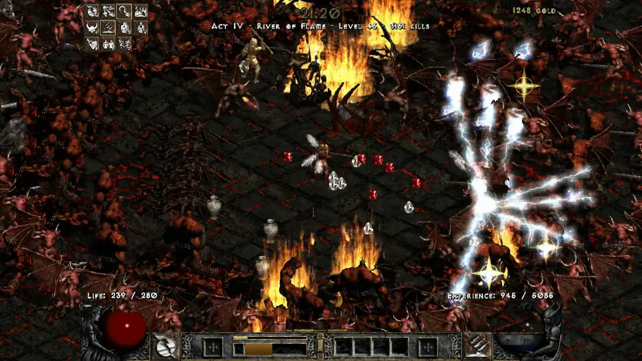 D2 Survivors screenshot: Act IV, the Amazon on the River of Flame, Lightning Fury arcing through the demons among the fires