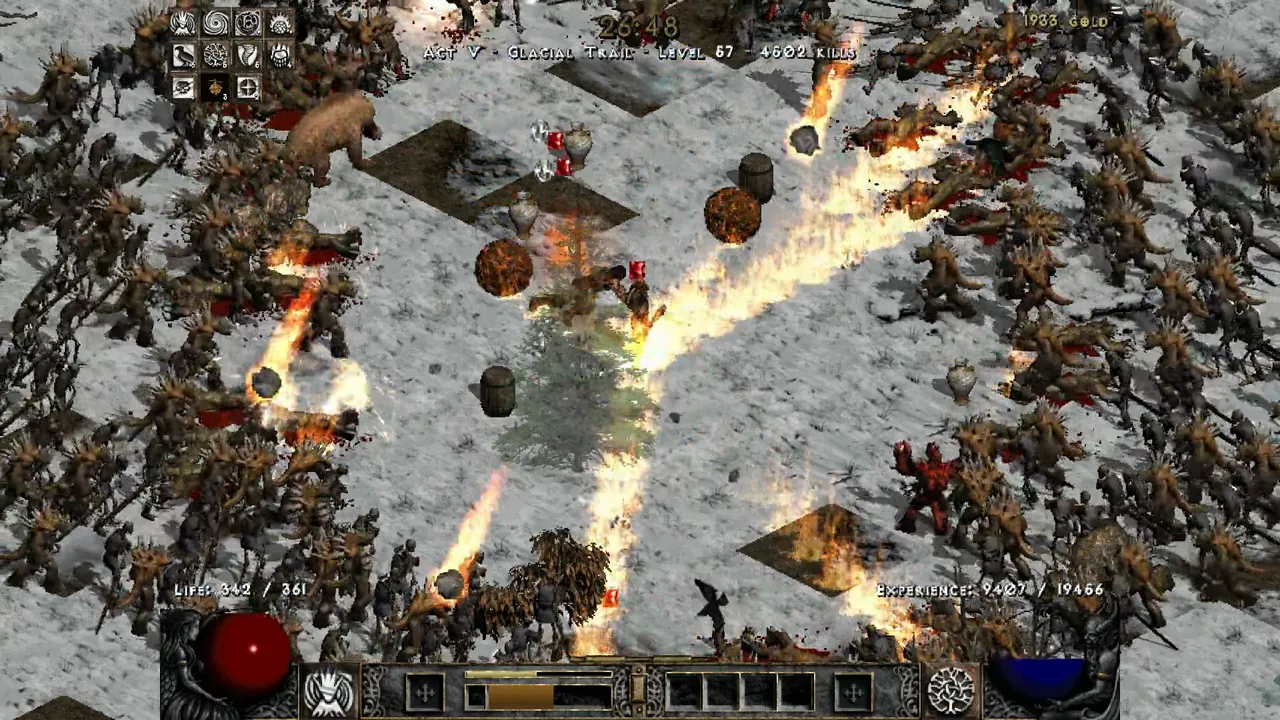 D2 Survivors screenshot: Act V, the Druid on the Glacial Trail, Armageddon's fire raining on the horde in the snow