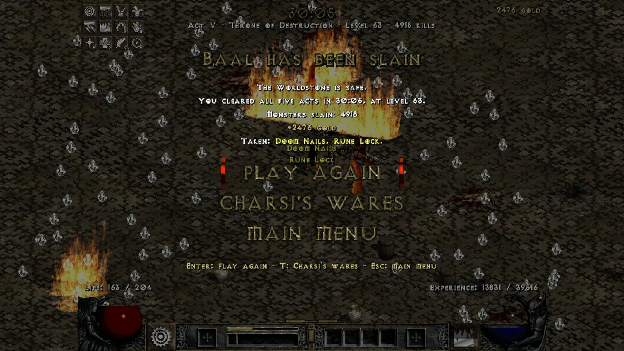 D2 Survivors screenshot: Baal has been slain: all five acts cleared in 30:06 at level 63, with Play Again, Charsi's Wares and Main Menu