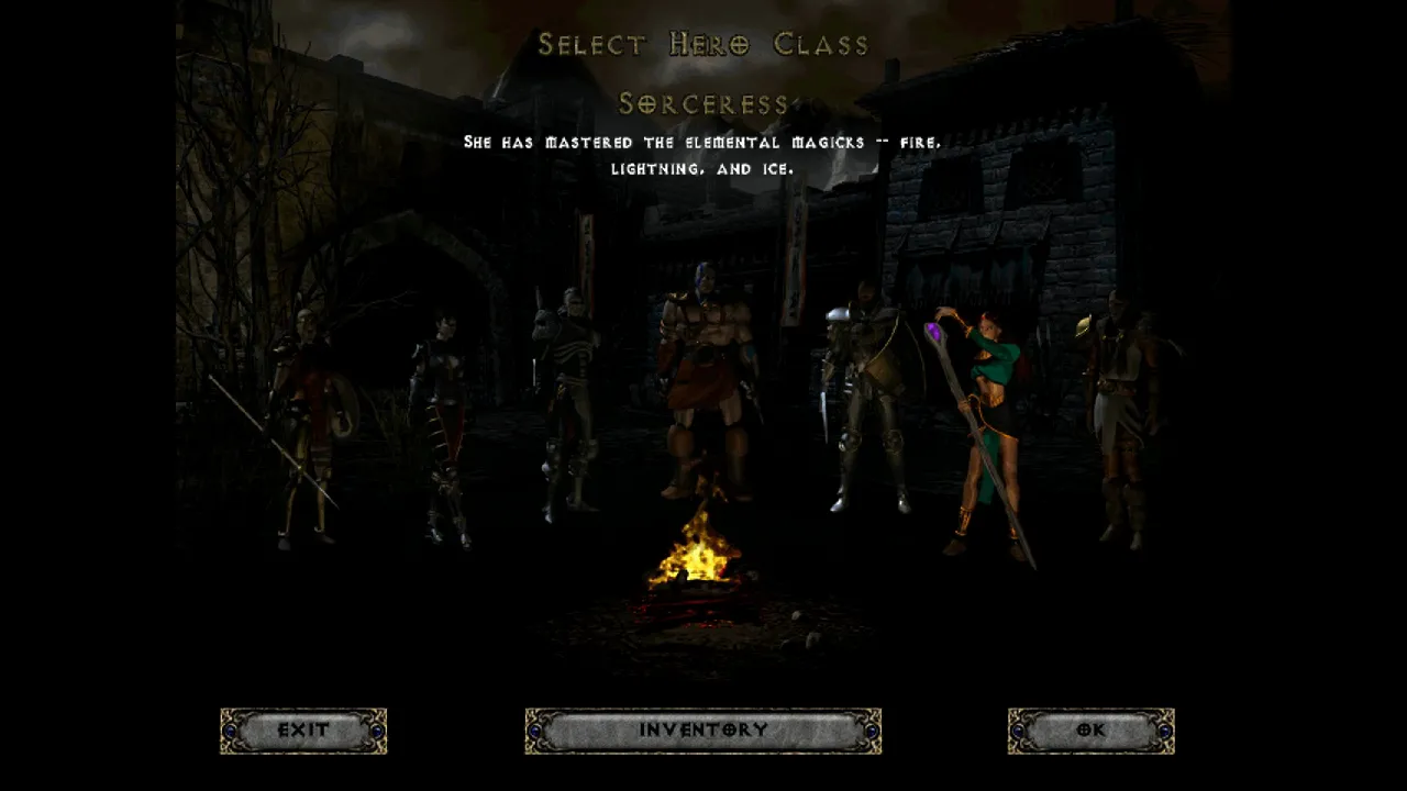 D2 Survivors screenshot: The campfire hero select with the Sorceress lit: she has mastered the elemental magicks