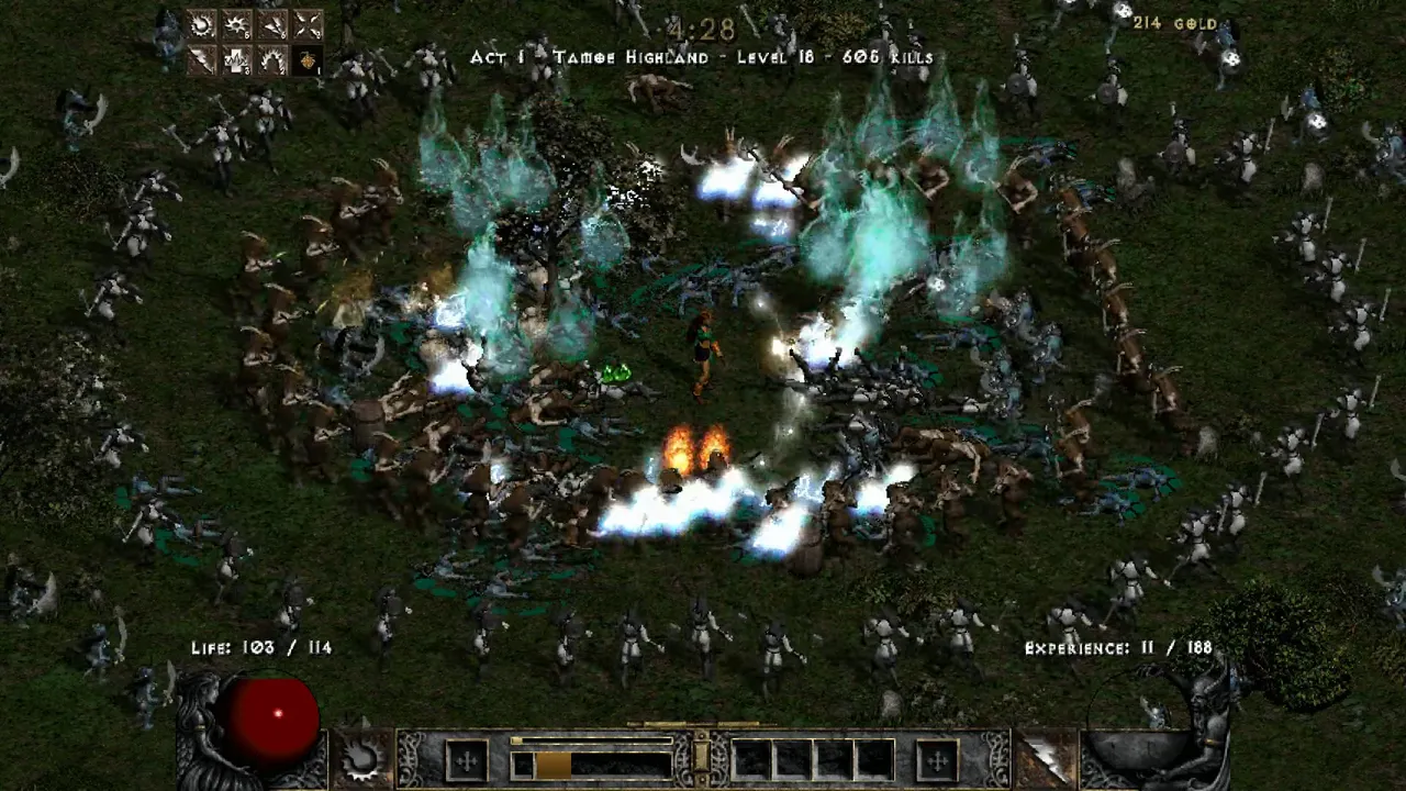 D2 Survivors screenshot: Act I, the Sorceress in the Tamoe Highland, her Nova, Fire Ball and Lightning carving a circle in the horde closing in from every side