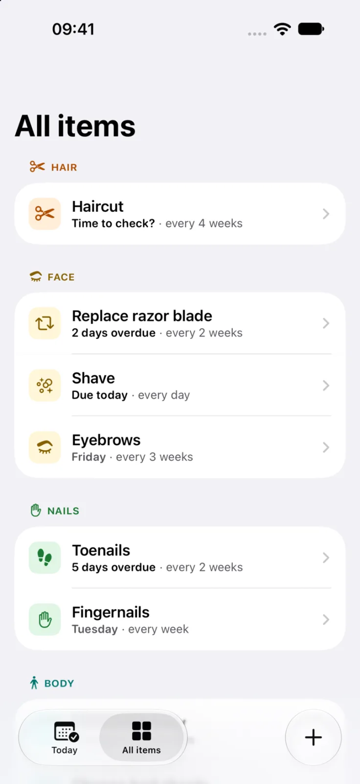 Selfkeep screenshot: All items grouped by care area: Hair, Face and Nails