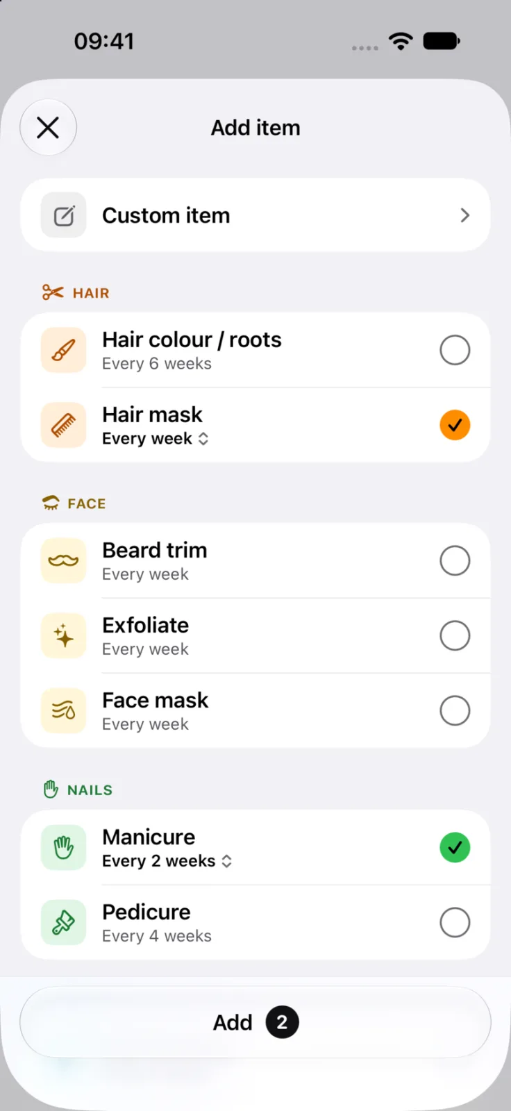 Selfkeep screenshot: Add item, with a custom item first and the catalog by care area, Hair mask and Manicure picked
