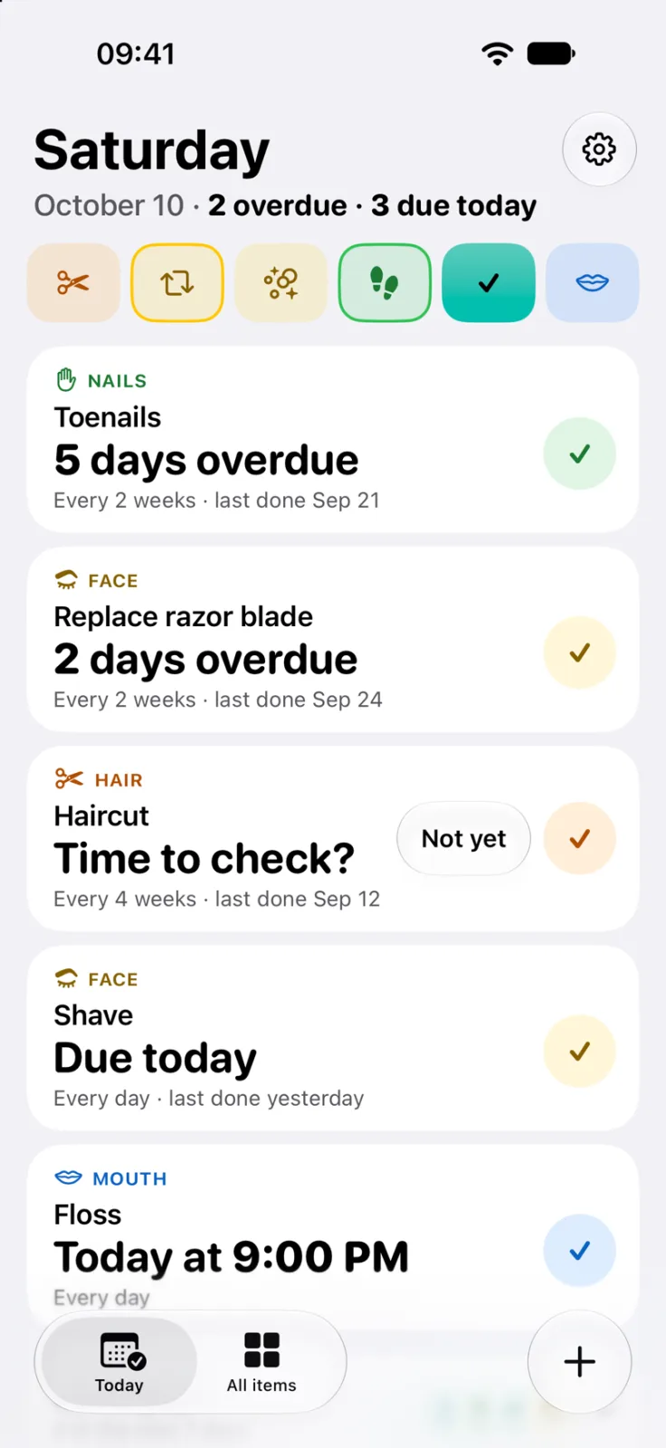 Selfkeep screenshot: Today with Toenails 5 days overdue, Replace razor blade 2 days overdue, Haircut asking “Time to check?” and Shave due today